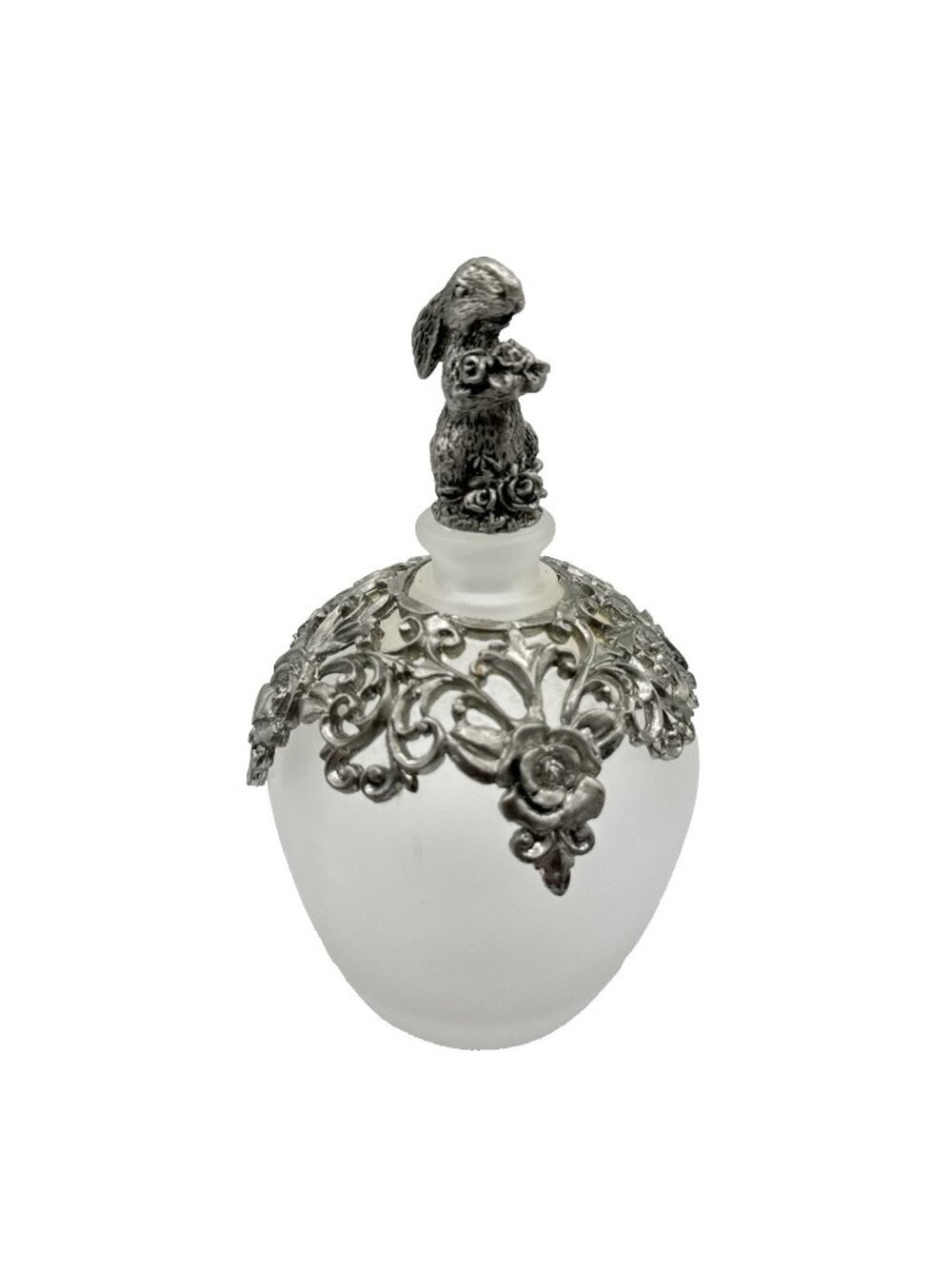Vintage Frosted Glass Perfume Bottle Pewter Rabbit Stopper Floral Pewter Overlay
